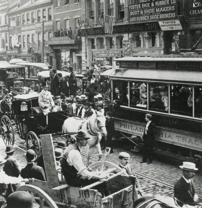 Framed Print : Horse-drawn wagons, carriages, a trolley car, and pedestrians in Philadelphia, 1897