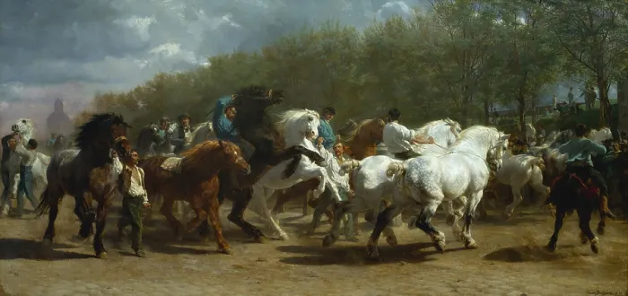 Framed Print : THE HORSE FAIR, by Rosa Bonheur, 1852-55, French painting, oil on canvas. The horse market in Paris on the Boulevard de l'Hopital was painted over a period of 3 years Framed Print : THE HORSE FAIR, by Rosa Bonheur, 1852-55, French painting, oil on canvas. The horse market in Paris on the Boulevard de l'Hopital was painted over a period of 3 years