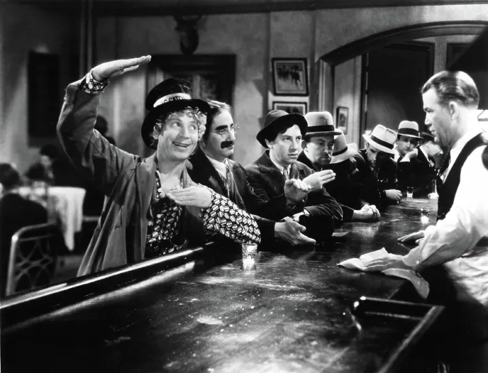Framed Print : HORSE FEATHERS, Harpo Marx, Groucho Marx, Chico Marx, Vince Barnett, 1932, ordering at the bar