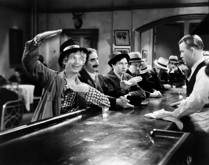 Framed Print : HORSE FEATHERS, from left, Harpo Marx, Groucho Marx, Chico Marx, Vince Barnett, Edgar Dearing, (bartender), 1932