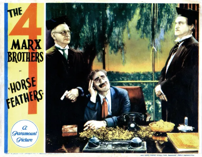 Framed Print : HORSE FEATHERS, US lobbycard, from left: E H Calvert, Groucho Marx, Edward LeSaint, (The Marx Brothers), 1932