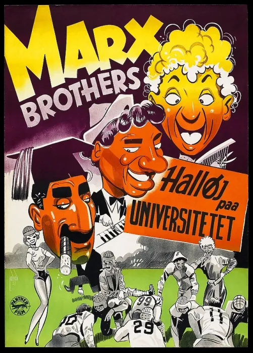Framed Print : HORSE FEATHERS, the Marx Brothers, from mid-left to top right: Groucho Marx, Chico Marx, Harpo Marx; Danish poster for the film's 1952 release in Denmark; 1932
