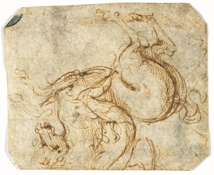 Framed Print : Horse and Horseman, by circle of Leonardo da Vinci, 15th Century -16th Century, pen and sepia ink, cm 6 x 7, 2 - Italy, Veneto, Venice, Accademia Art Galleries, inv. 255