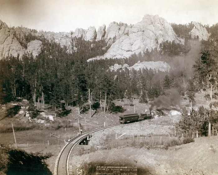 Framed Print : Horse Shoe Curve, Burlington and Missouri River. Buckhorn Mountains in background. South Dakota. photo by John C. Grabill, 1891