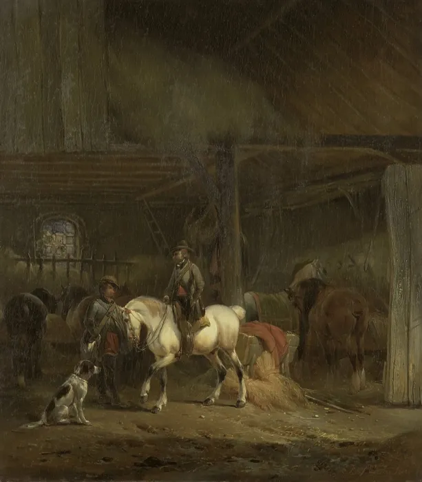 Framed Print : Horse Stable, by Joseph Moerenhout, c. 1830-40, Dutch painting, oil on panel. Two hunters and a dog get ready for a hunt. (BSLOC_2016_1_330)