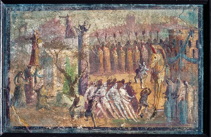 Framed Print : The Horse of Troy, by unknown artist, 45-79, 1st Century A.D. ripped fresco, 40 x 62 cm - Italy, Campania, Naples, National Archaeological Museum, Room LXXIII, inv. 9010 Framed Print : The Horse of Troy, by unknown artist, 45-79, 1st Century A.D. ripped fresco, 40 x 62 cm - Italy, Campania, Naples, National Archaeological Museum, Room LXXIII, inv. 9010