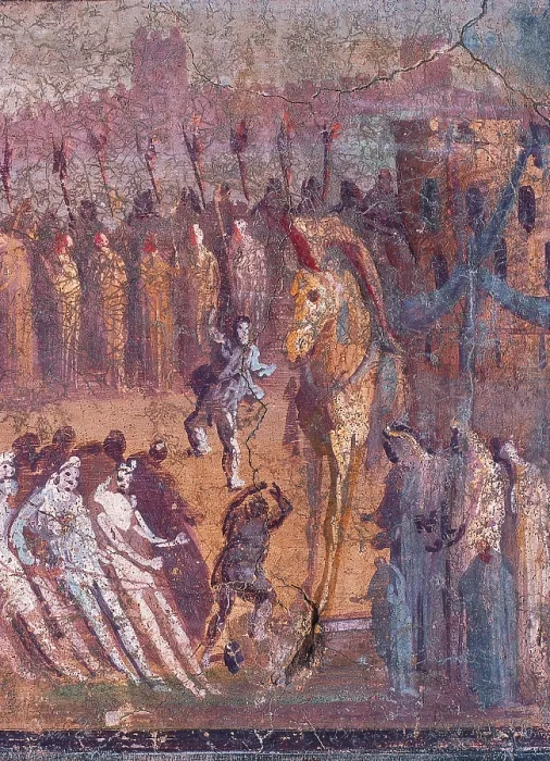 Framed Print : The Horse of Troy, by unknown artist, 45-79, 1st Century A.D. ripped fresco, 40 x 62 cm - Italy, Campania, Naples, National Archaeological Museum, Room LXXIII, inv. 9010. Detail Framed Print : The Horse of Troy, by unknown artist, 45-79, 1st Century A.D. ripped fresco, 40 x 62 cm - Italy, Campania, Naples, National Archaeological Museum, Room LXXIII, inv. 9010. Detail