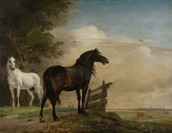 Framed Print : Two Horses in a Meadow Near a Gate, by Paulus Potter, 1649, Dutch painting, oil on panel