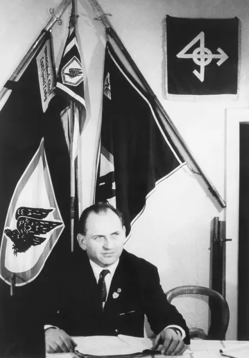 Framed Print : Horst Promnitz, leader of the Eagles, a youth movement with strong ties to Nazi past. In April 1966, he sat at his desk in an old World War II bunker in Lubeck