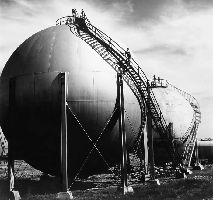 Framed Print : Horton Spheres at the Shell Oil plant in Montreal, Quebec, were used to make aviation gasoline during World War II. Ca. 1950s Framed Print : Horton Spheres at the Shell Oil plant in Montreal, Quebec, were used to make aviation gasoline during World War II. Ca. 1950s