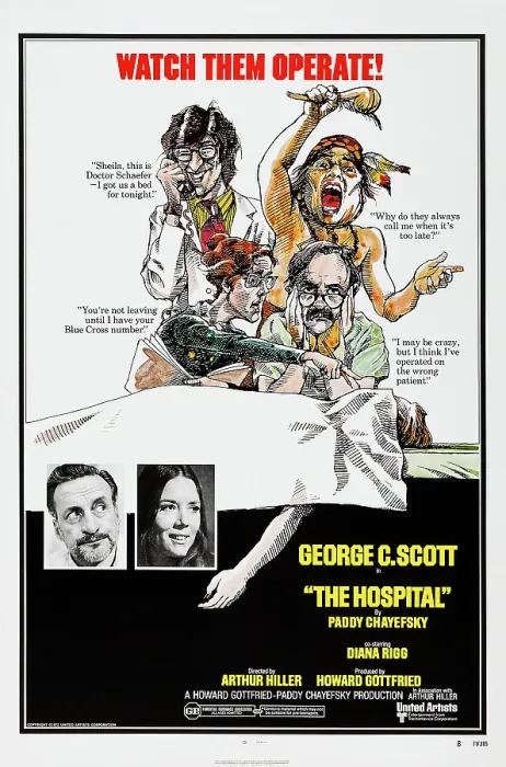 Framed Print : THE HOSPITAL, US poster art, bottom from left: George C. Scott, Diana Rigg, 1971