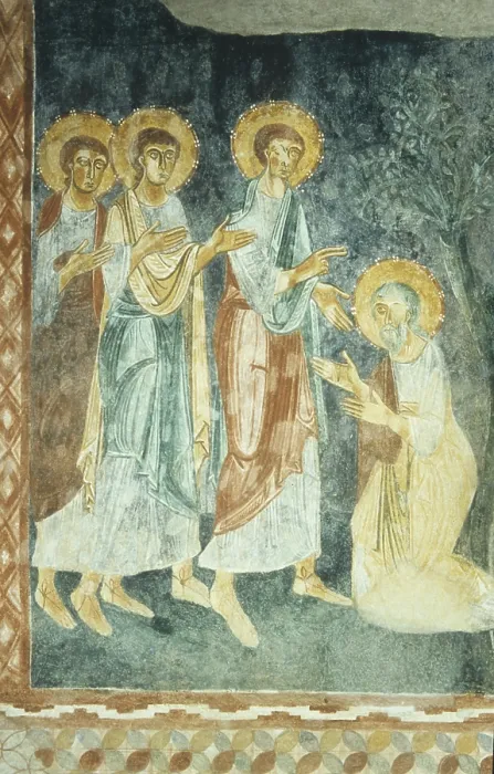Framed Print : Hospitality of Abraham, by Unknown Artist, 13th century, fresco - Italy, Sardinia, Galtelli, Church of Saint Peter. Detail