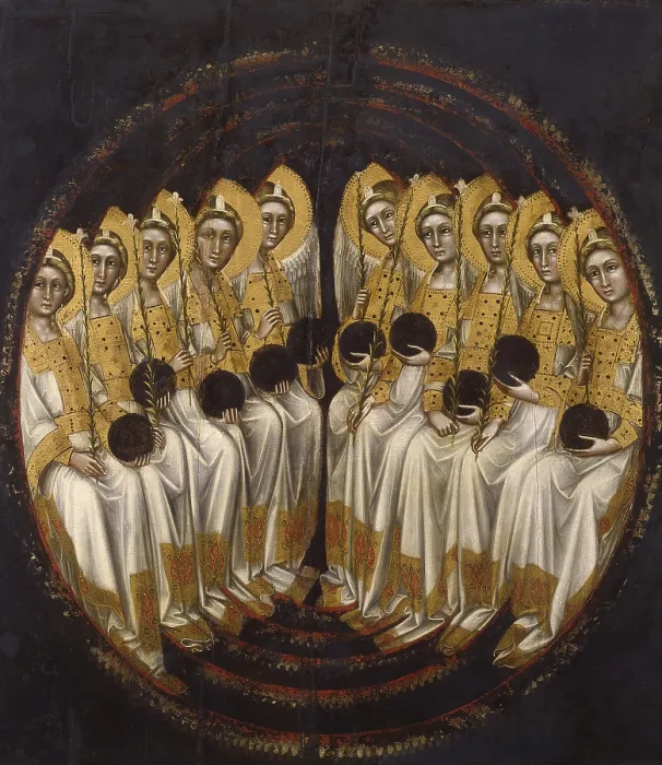 Framed Print : Host of angels with lily and globe or Dominions, by Guariento di Arpo, 1345 - 1360, 14th Century, tempera and gold on board, 119 x 107 cm - Italy, Veneto, Padua