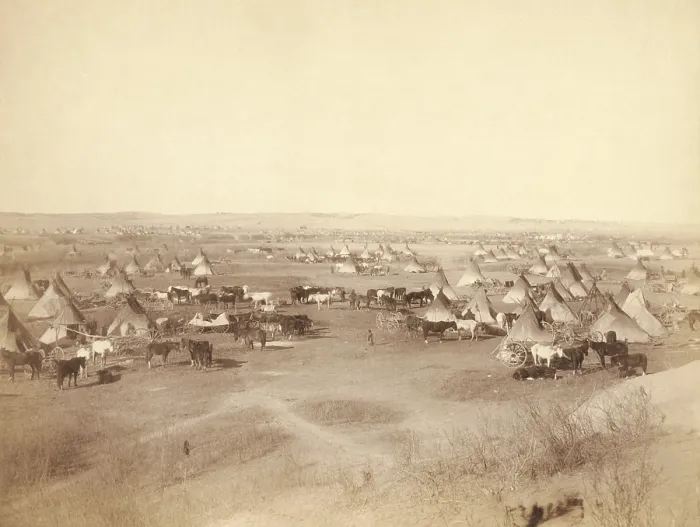 Framed Print : Hostile Indian camp of tipis, horses, and wagons on Pine Ridge Indian Reservation in Jan. 1891