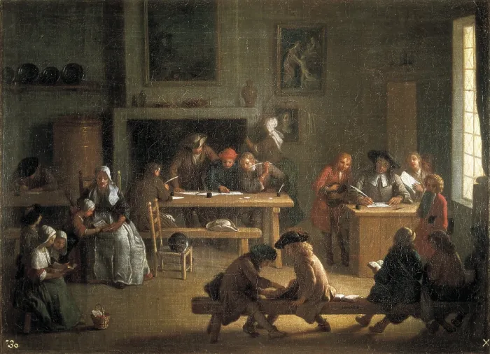 Framed Print : HOUASSE, Michel-Ange (1680-1730). Interior of a School. Baroque art. Oil on canvas. SPAIN. Segovia. Royal Palace of La Granja de San Ildefonso (St. Ildefonse's Farm)