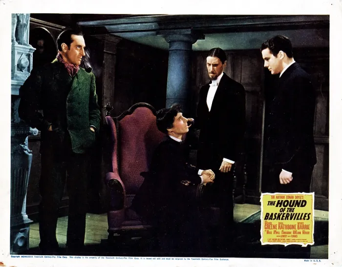 Framed Print : THE HOUND OF THE BASKERVILLES, from left, Basil Rathbone, Eily Malyon, John Carradine, Richard Greene, 1939, TM and Copyright 20th Century Fox Film Corp. All rights reserved