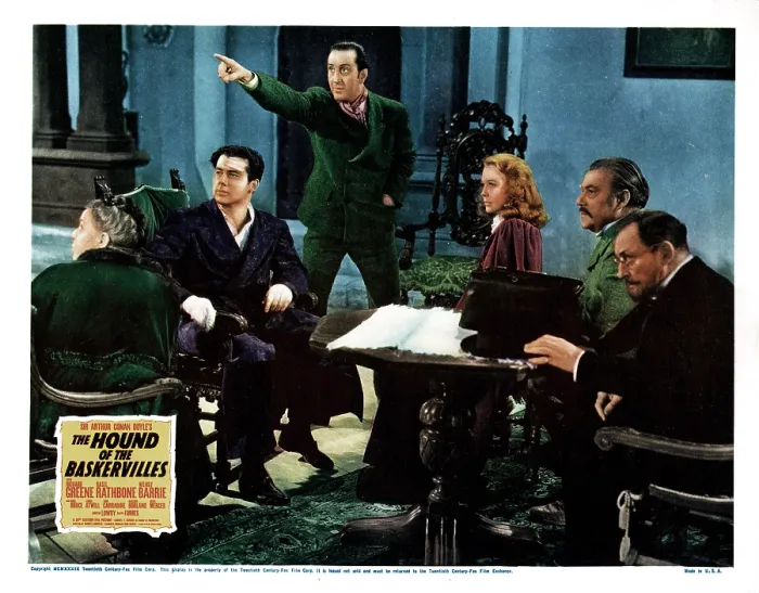 Framed Print : THE HOUND OF THE BASKERVILLES, Richard Greene, (in blue), Basil Rathbone, (pointing), Wendy Barrie, (right of center), Nigel Bruce, (back right), Lionel Atwill, (right), 1939 Framed Print : THE HOUND OF THE BASKERVILLES, Richard Greene, (in blue), Basil Rathbone, (pointing), Wendy Barrie, (right of center), Nigel Bruce, (back right), Lionel Atwill, (right), 1939
