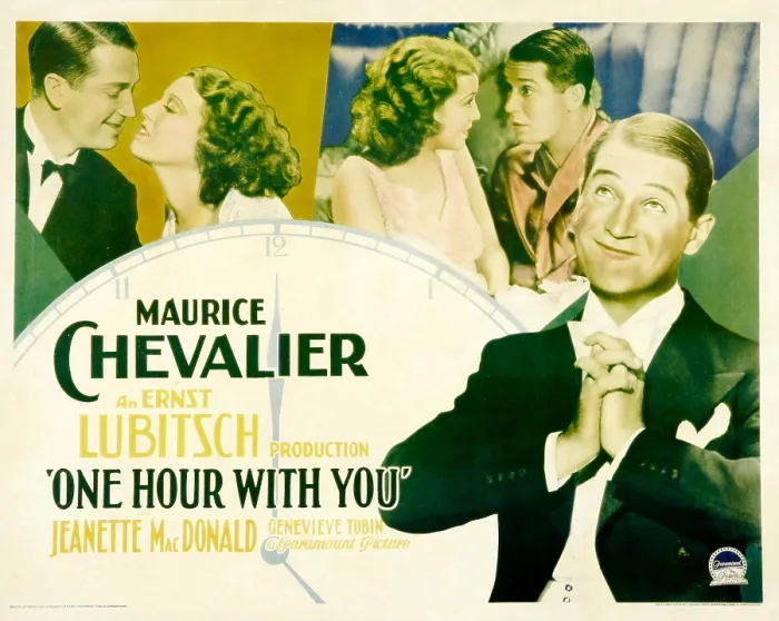 Framed Print : ONE HOUR WITH YOU, from top left: Maurice Chevalier, Jeanette MacDonald, Jeanette MacDonald, Maurice Chevalier, right: Maurice Chevalier, 1932