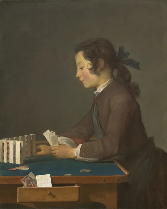 Framed Print : The House of Cards, by Jean Chardin, 1737, French painting, oil on canvas. A boy focuses on an idle pursuit, in one of Chardin's early figure paintings (BSLOC_2016_5_23)