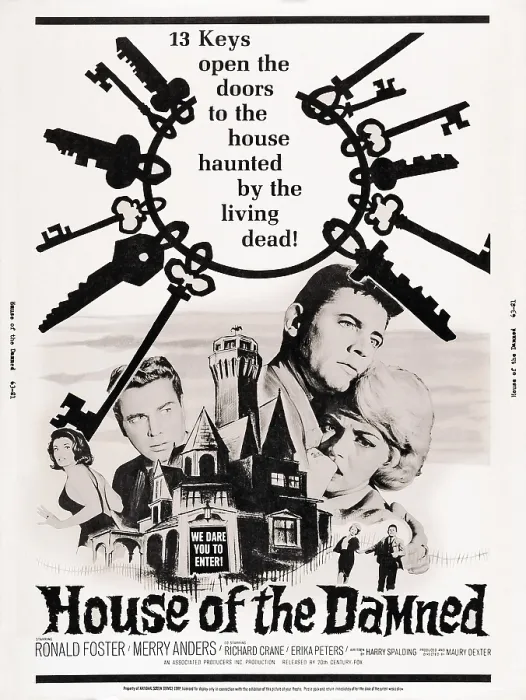 Framed Print : HOUSE OF THE DAMNED, l-r: Erika Peters, Richard Crane, Ron Foster, Merry Anders, far bottom: Merry Anders, Ron Foster on poster art, 1963