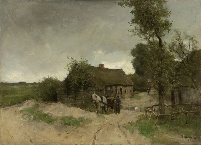 Framed Print : House on the Dirt Road, by Anton Mauve, 1870-88, Dutch painting, oil on canvas. House with an attached barn and a man walking behind a horse drawn cart. (BSLOC_2016_1_186) Framed Print : House on the Dirt Road, by Anton Mauve, 1870-88, Dutch painting, oil on canvas. House with an attached barn and a man walking behind a horse drawn cart. (BSLOC_2016_1_186)