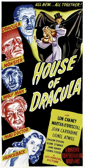 Framed Print : HOUSE OF DRACULA, left from top: John Carradine, Glenn Strange, Lon Chaney Jr. Lionel Atwill, Martha O'Driscoll on Australian poster art, 1945