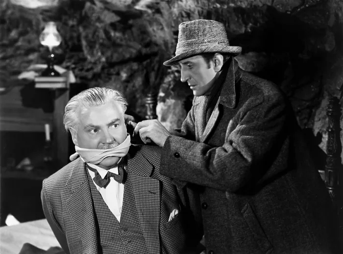 Framed Print : THE HOUSE OF FEAR, (aka SHERLOCK HOLMES AND THE HOUSE OF FEAR), from left, Nigel Bruce, Basil Rathbone, 1945
