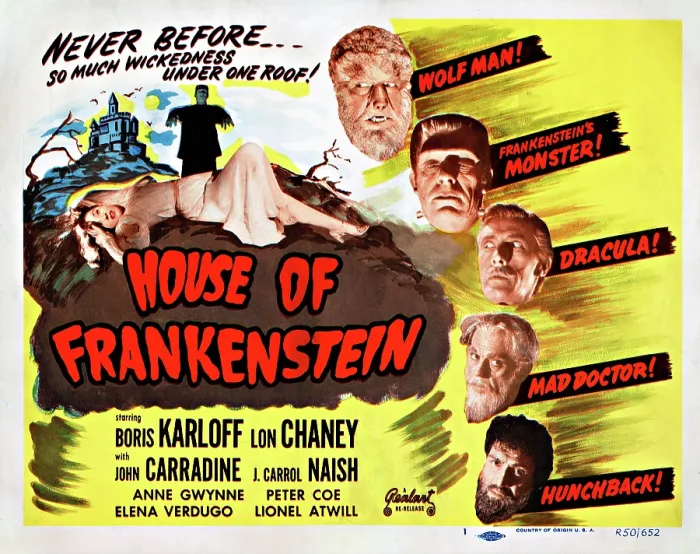 Framed Print : HOUSE OF FRANKENSTEIN, 1950 re-issue title card; on left: Elena Verdugo (girl in nightgown), Glenn Strange (as Frankenstein's Monster); on right Framed Print : HOUSE OF FRANKENSTEIN, 1950 re-issue title card; on left: Elena Verdugo (girl in nightgown), Glenn Strange (as Frankenstein's Monster); on right