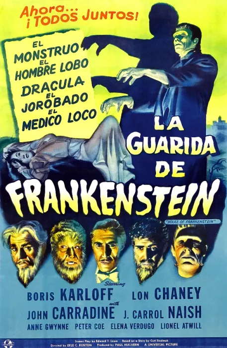 Framed Print : HOUSE OF FRANKENSTEIN, girl on mid-left: Elena Verdugo; top right: Glenn Strange; bottom row, from left to right: Boris Karloff, Lon Chaney (aka Lon Chaney, Jr.')