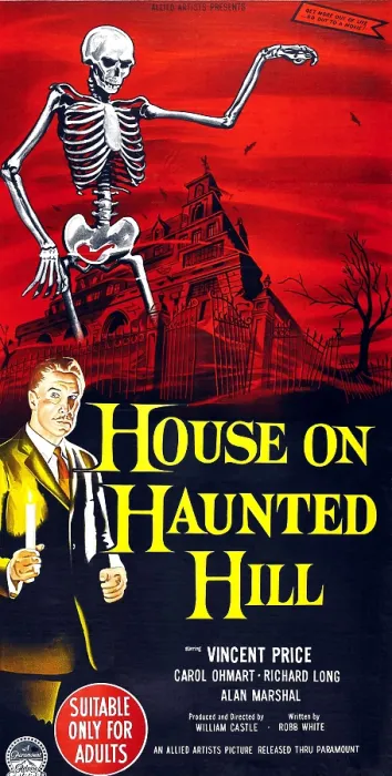 Framed Print : HOUSE ON HAUNTED HILL, bottom left: Vincent Price on Australian poster art, 1959
