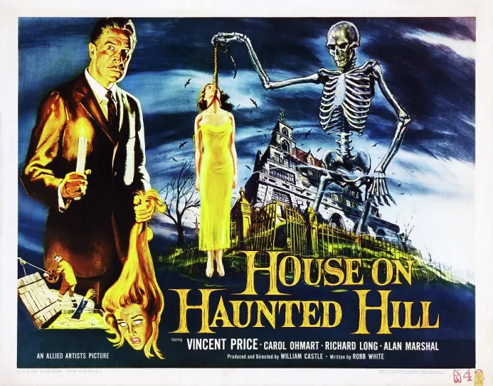 Framed Print : HOUSE ON HAUNTED HILL, left: Vincent Price on poster art painted by Reynold Brown, 1959