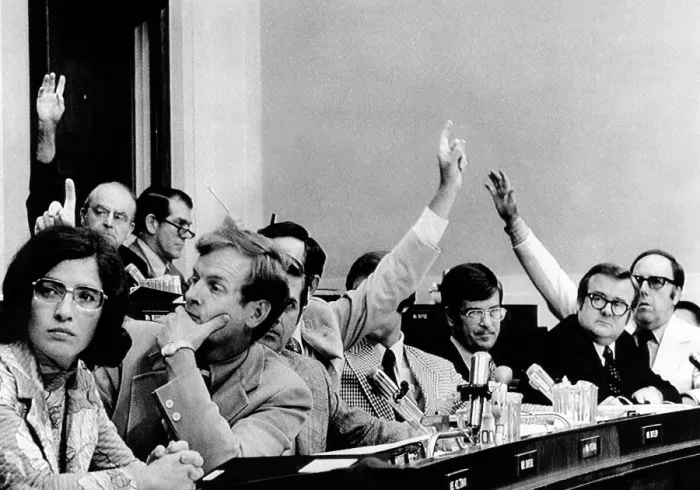 Framed Print : The House Judiciary Committee. The raised hands want to participate in the debate on a third article of impeachment of President Richard Nixon Framed Print : The House Judiciary Committee. The raised hands want to participate in the debate on a third article of impeachment of President Richard Nixon
