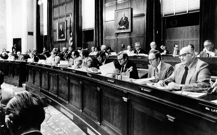 Framed Print : The House Judiciary Committee in deliberations leading to the vote for impeachment of President Richard Nixon for obstruction of justice in the Watergate cover-up. July 14, 1974 Framed Print : The House Judiciary Committee in deliberations leading to the vote for impeachment of President Richard Nixon for obstruction of justice in the Watergate cover-up. July 14, 1974