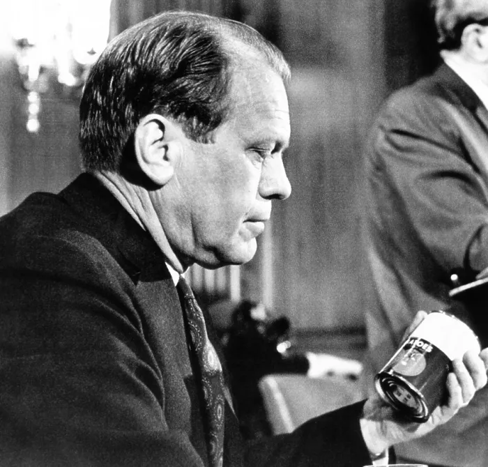 Framed Print : House Republican leader Gerald Ford, decries inflation in a press conference. He holds a can of tomatoes whose price increased from 20 to 39 cents in 5 years Framed Print : House Republican leader Gerald Ford, decries inflation in a press conference. He holds a can of tomatoes whose price increased from 20 to 39 cents in 5 years