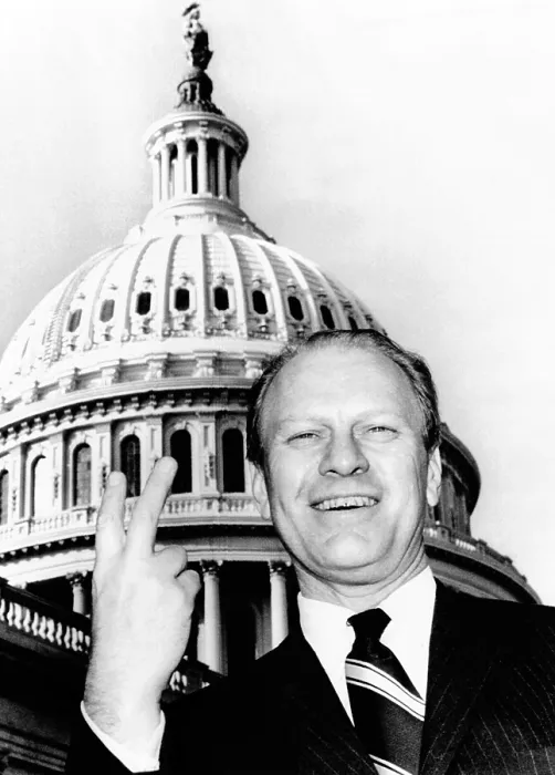 Framed Print : House Republican Leader Gerald Ford flashes a victory smile after the House sustained President Nixon's veto of a $19.7 million school and health money bill. Dec. 28, 1970
