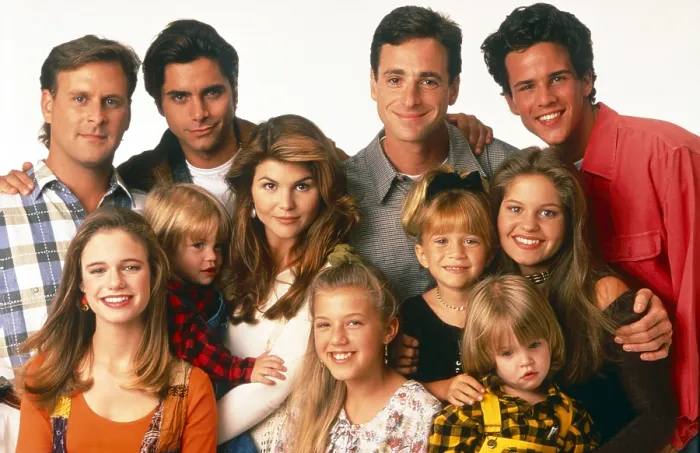 Framed Print : FULL HOUSE, top, from left: Dave Coulier, John Stamos, Bob Saget, Scott Weinger, bottom, from left: Andrea Barber, Blake Tuomy-Wilhoit, Lori Loughlin, Jodie Sweetin