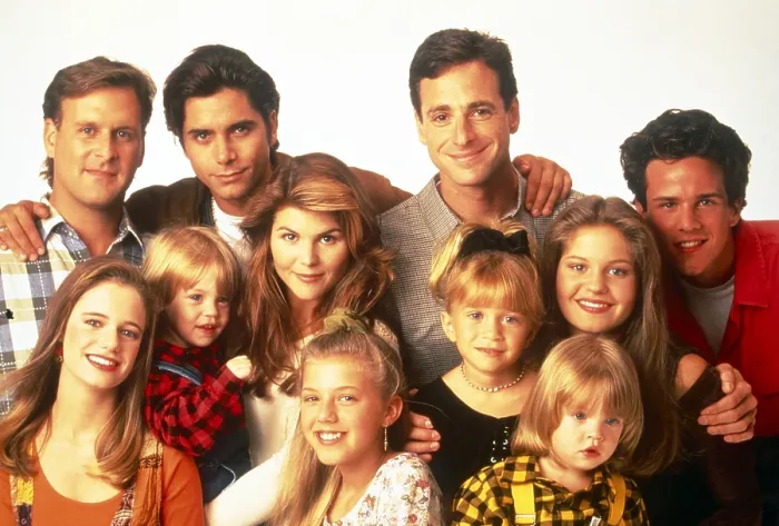 Framed Print : FULL HOUSE, top, from left: Dave Coulier, John Stamos, Bob Saget, Scott Weinger, bottom, from left: Andrea Barber, Blake Tuomy-Wilhoit, Lori Loughlin, Jodie Sweetin