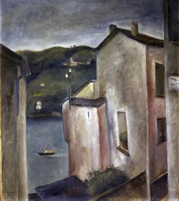 Framed Print : Houses on the Lake, by Canegrati Amerigo, 1929, 20th Century, oil on canvas - Italy, Lombardy, Milan, Civic Collection of Modern Art - GAM. Whole artwork view