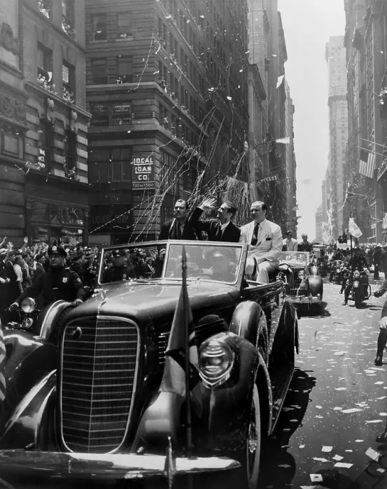 Framed Print : Howard Hughes (center, waving) during a ticker tape parade up Broadway, NYC, July 1938 Framed Print : Howard Hughes (center, waving) during a ticker tape parade up Broadway, NYC, July 1938