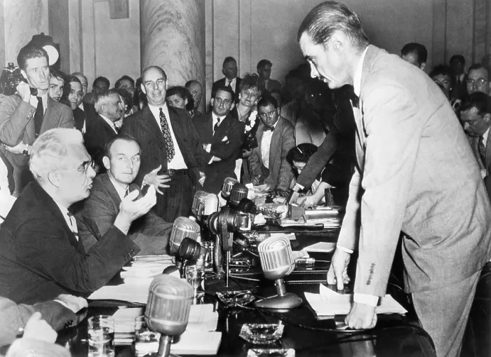 Framed Print : Howard Hughes (right) confers with Senator Homer Ferguson, chairman of the Senate War Investigation subcommittee, 1947. Courtesy: CSU Archives / Everett Collection