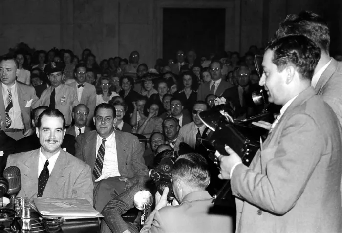 Framed Print : Howard Hughes, testifying at the Senate War Investigating Subcommittee's Hearing on his (Hughes) wartime plane contracts, August 1947 Framed Print : Howard Hughes, testifying at the Senate War Investigating Subcommittee's Hearing on his (Hughes) wartime plane contracts, August 1947