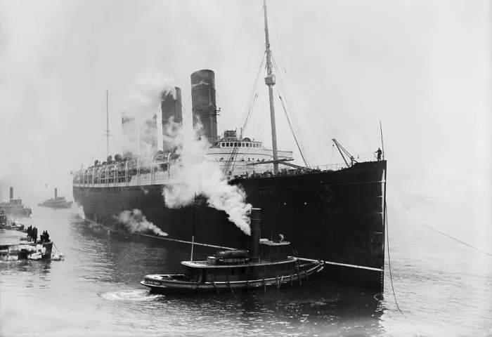 Framed Print : HRM Lusitania steered by tug boats at a New York City pier. Mar. 6, 1914. (BSLOC_2012_4_103)