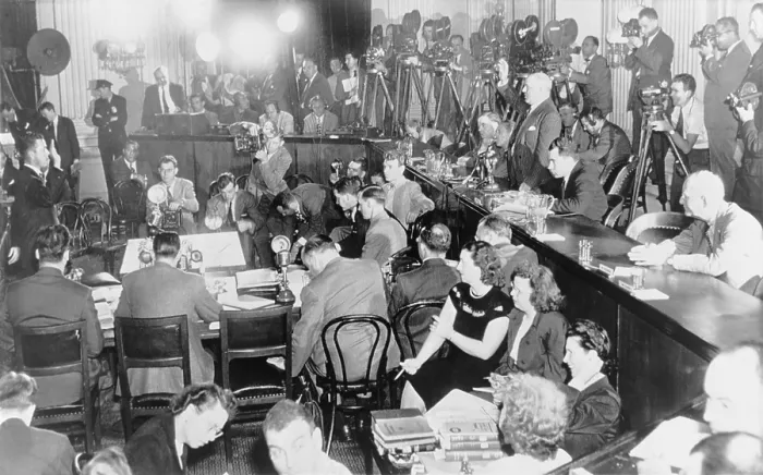 Framed Print : HUAC lead investigator H.A. Smith standing on right swears in Rep. J. Parnell Thomas worked to expose communists in the film industry Framed Print : HUAC lead investigator H.A. Smith standing on right swears in Rep. J. Parnell Thomas worked to expose communists in the film industry