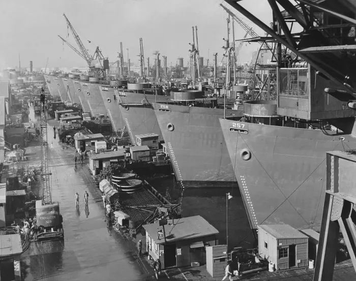 Framed Print : Nine huge Liberty cargo ships at docks of California Shipbuilding Corporation. Los Angeles, Dec. 4, 1943. World War 2. (BSLOC_2013_14_197)