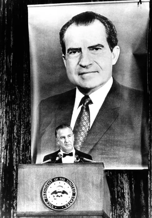 Framed Print : A huge portrait of President Nixon dominates the scene. Vice President Spiro Agnew speaks at a Lincoln Day $100-a-plate Republican fund raising dinner