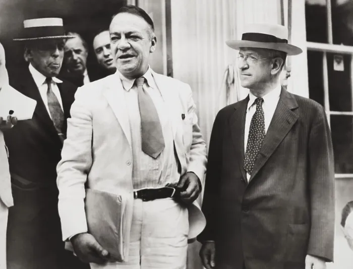 Framed Print : Hugh Johnson (left), Recovery Administrator, and Interior Secretary Harold Ickes. They spoke to reporters after meeting with FDR about the oil industry's NRA code
