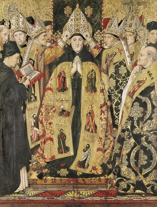 Framed Print : HUGUET, Jaume (1415-1492). The Consecration of Saint Augustine. 1466 - 1475. The Church was in the origin the siege of the Blanquers Brotherhood