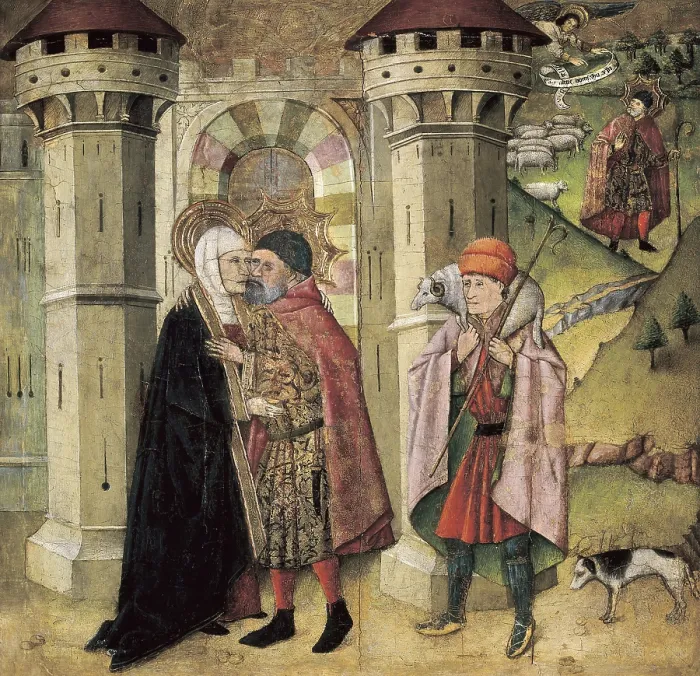 Framed Print : HUGUET, Jaume (1415-1492). Saint Joachim and Sainte Anne in front of the Golden Gate. 1440 - 1445. Altarpiece of the Virgin of Cervera de Canada (Saragossa). Detail. Gothic art