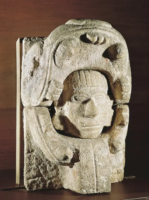 Framed Print : Human head going out from animal's jaws. 950-1200. Late classical period. Clay. Maya art. Sculpture on rock. MEXICO. Mexico City. National Museum of Anthropology