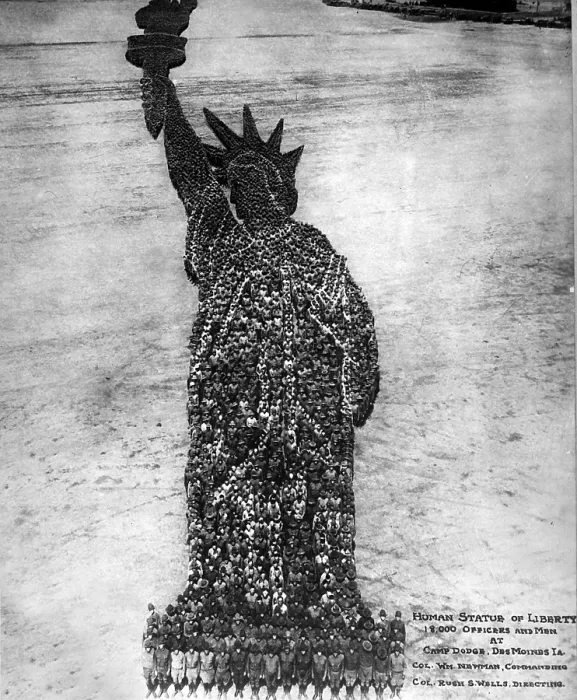 Framed Print : Human Statue of Liberty formed by 1, 800 Officers and Men at Camp Dodge, Des Moines, Iowa. World War I era photo by Mole & Thomas